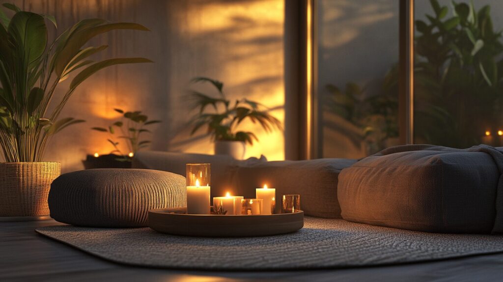 Evening digital details room with candles at sunset